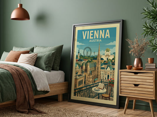 Vienna skyline travel poster featuring St. Stephen's Cathedral and Ferris wheel, vintage style.