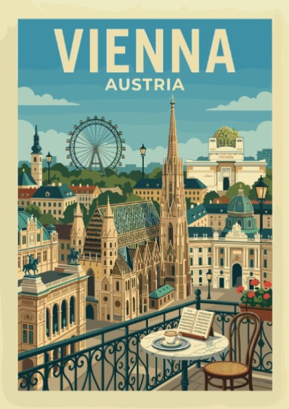 Vienna skyline travel poster featuring St. Stephen's Cathedral and Ferris wheel, vintage style.