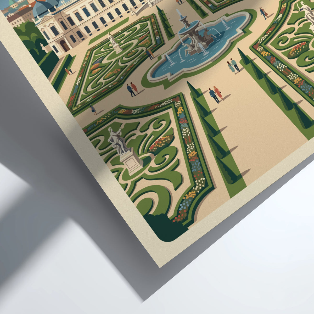 Vienna Austria travel poster featuring the Belvedere palace and its symmetrical garden fountain