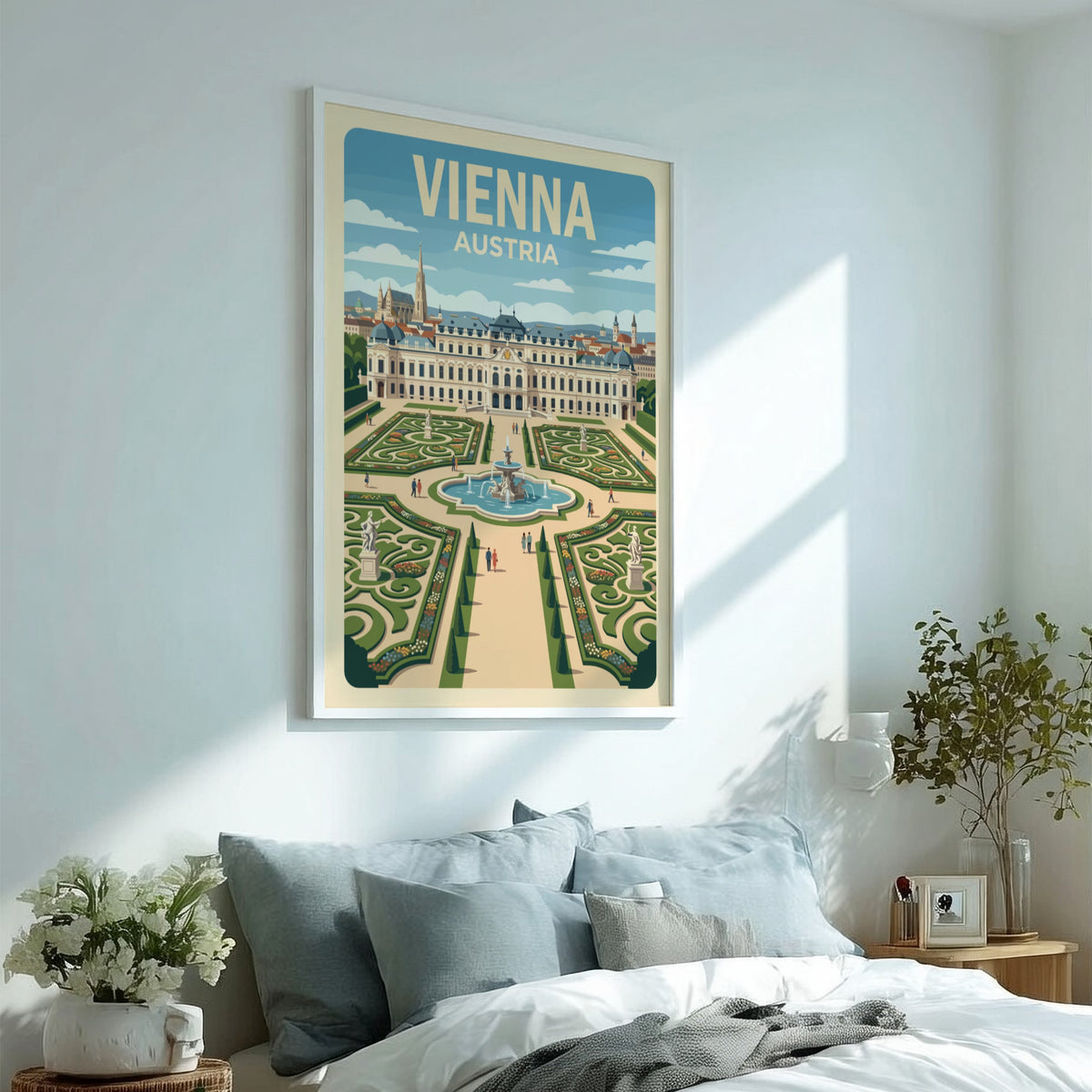 Vienna Austria travel poster featuring the Belvedere palace and its symmetrical garden fountain