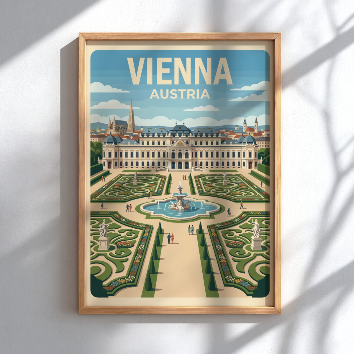 Vienna Austria travel poster featuring the Belvedere palace and its symmetrical garden fountain