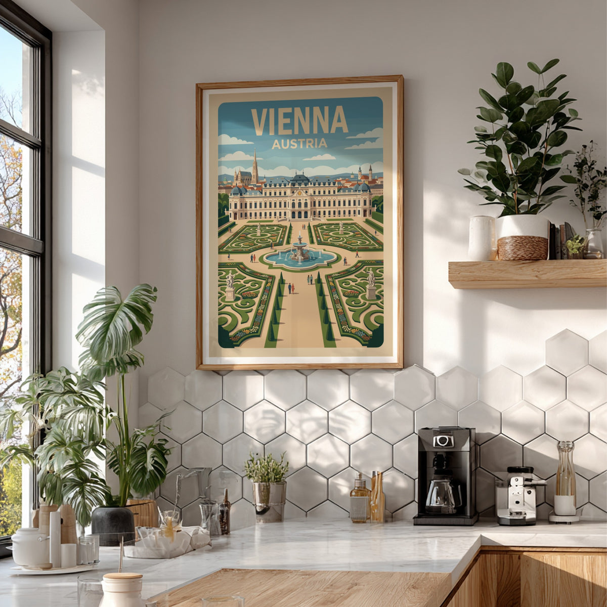 Vienna Austria travel poster featuring the Belvedere palace and its symmetrical garden fountain