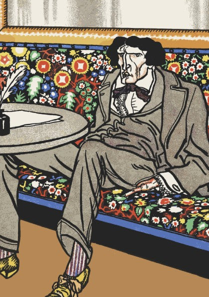 Poster of "The Man of Letters" by Moriz Jung, featuring a man in a suit on a floral bench.