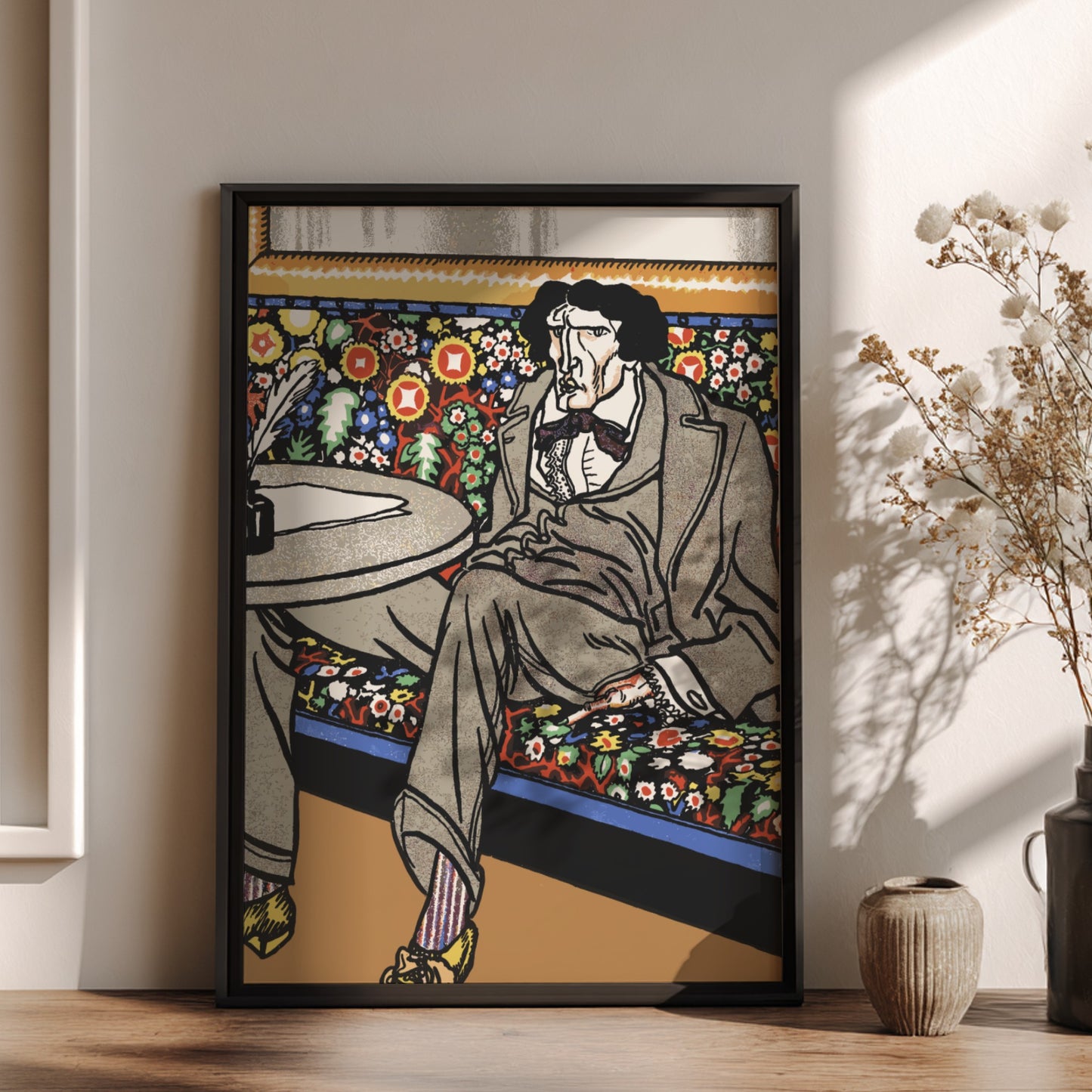 Poster of "The Man of Letters" by Moriz Jung, featuring a man in a suit on a floral bench.