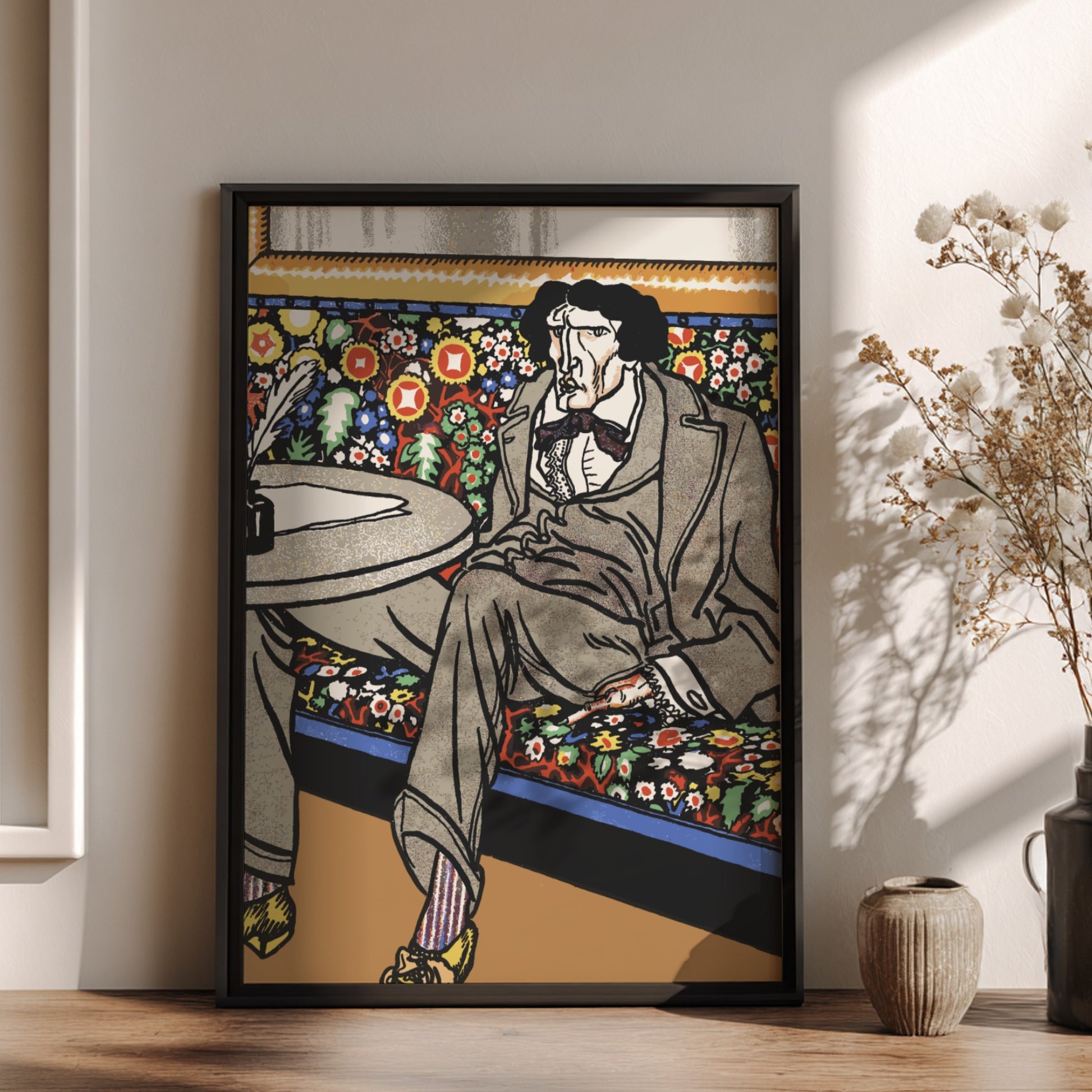 Poster of "The Man of Letters" by Moriz Jung, featuring a man in a suit on a floral bench.