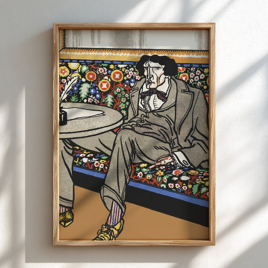 Poster of "The Man of Letters" by Moriz Jung, featuring a man in a suit on a floral bench.