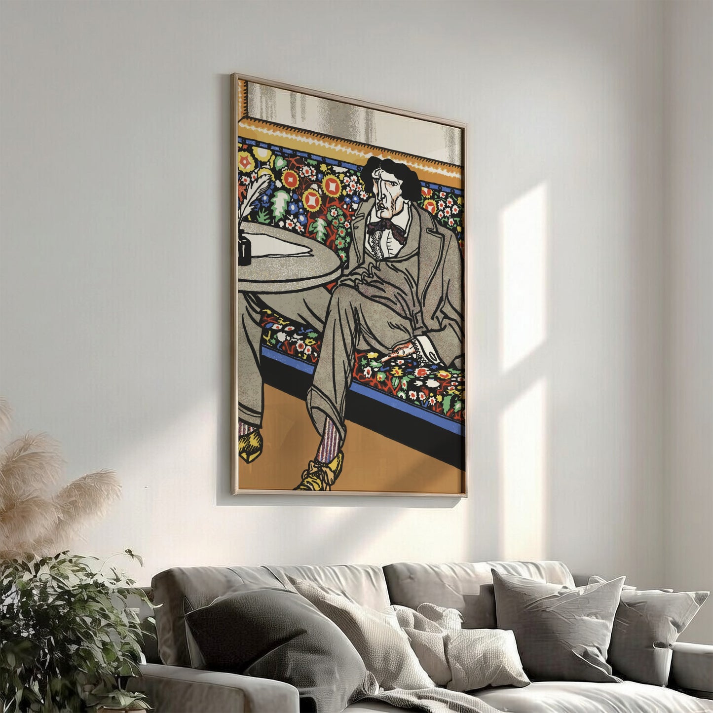 Poster of "The Man of Letters" by Moriz Jung, featuring a man in a suit on a floral bench.