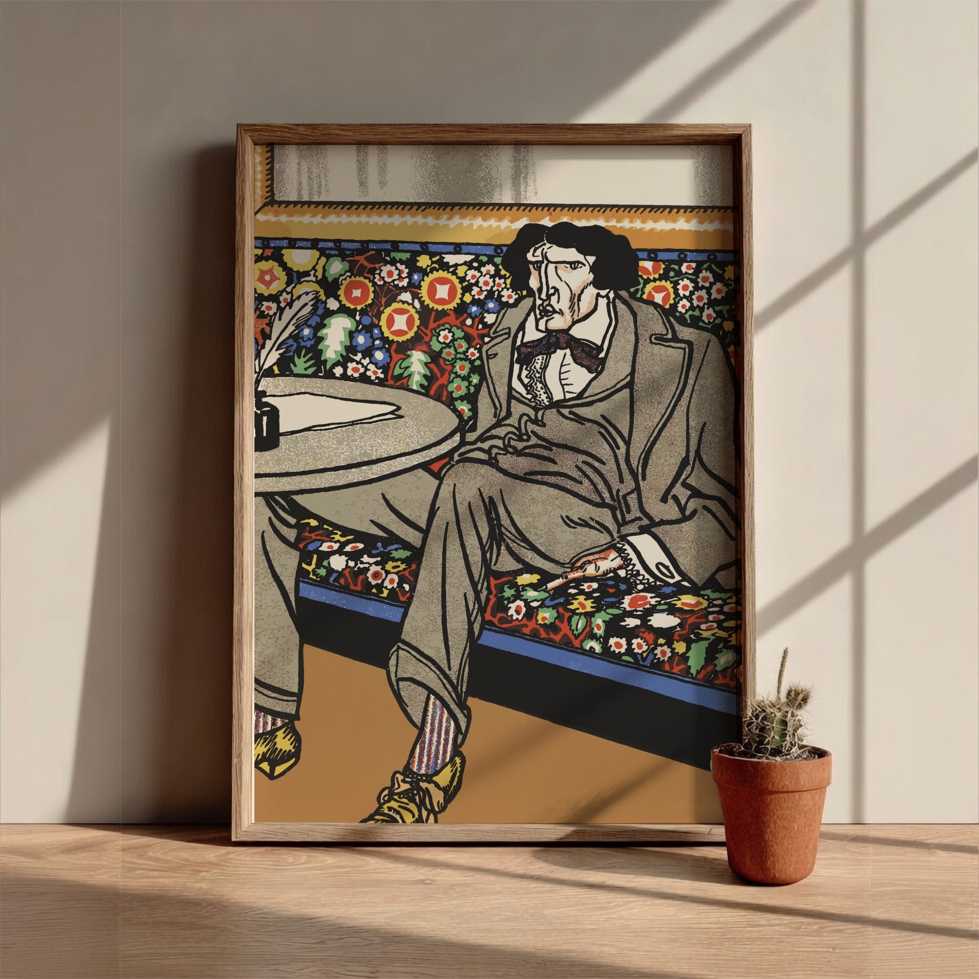 Poster of "The Man of Letters" by Moriz Jung, featuring a man in a suit on a floral bench.