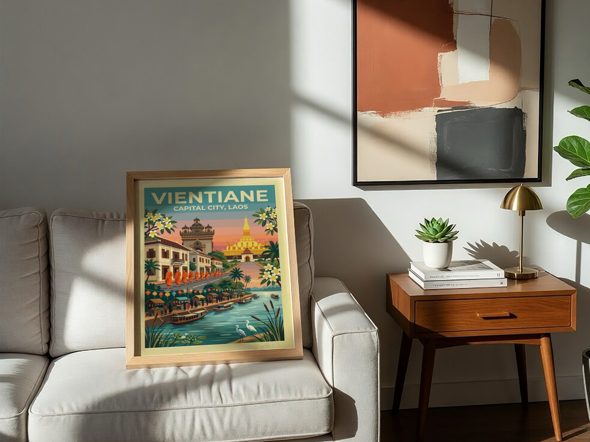 Travel poster of Vientiane Laos featuring golden stupas monks and boats at sunset