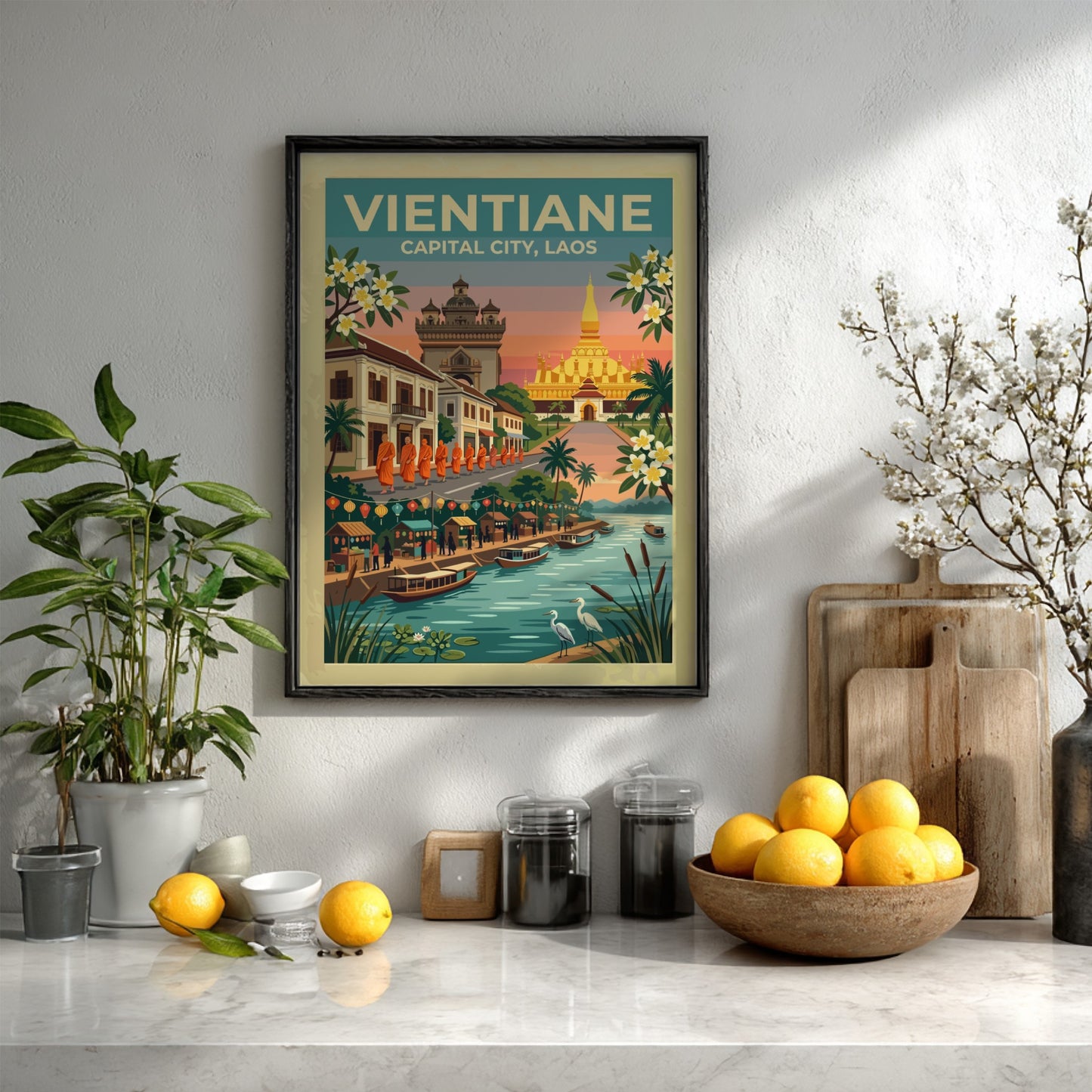 Travel poster of Vientiane Laos featuring golden stupas monks and boats at sunset
