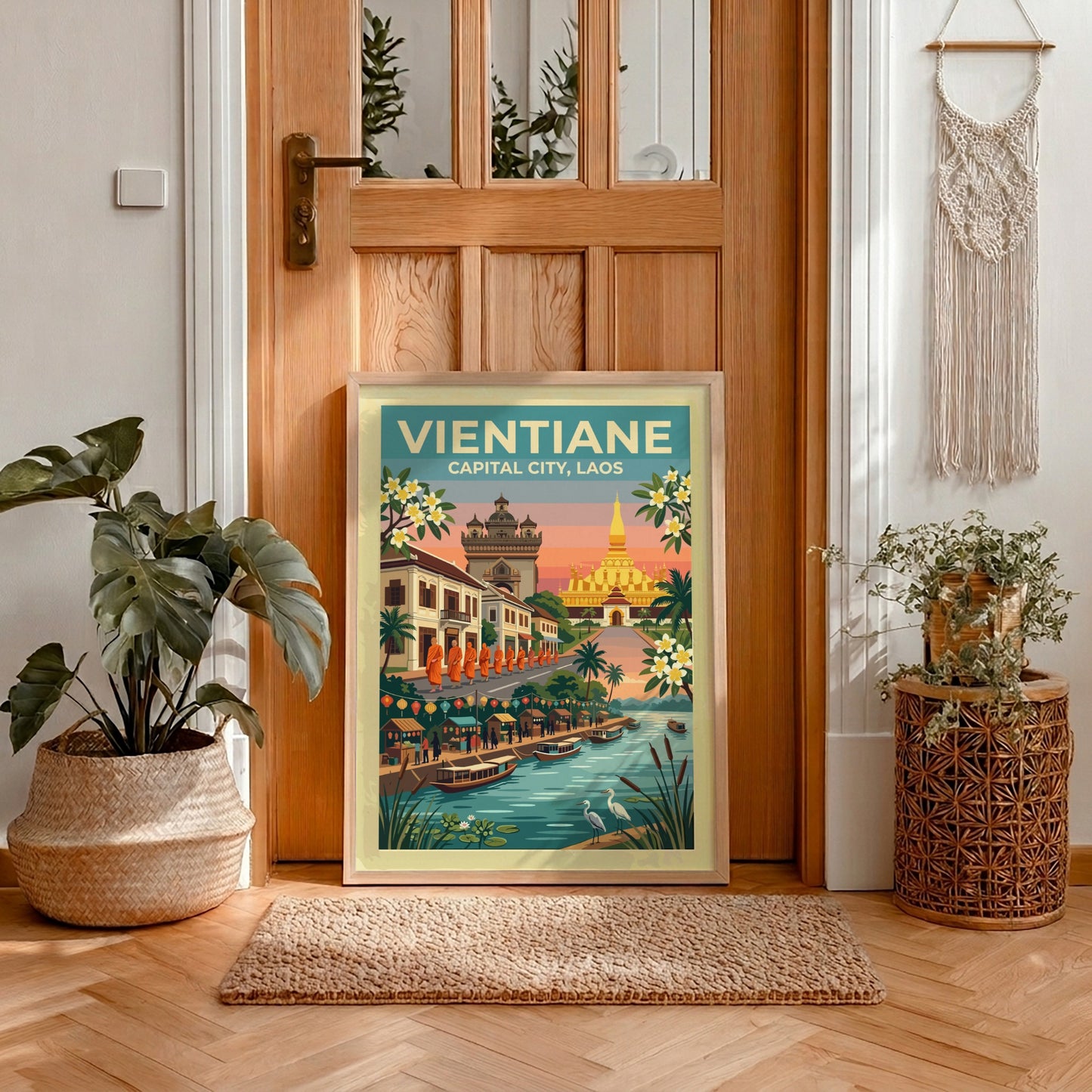 Travel poster of Vientiane Laos featuring golden stupas monks and boats at sunset