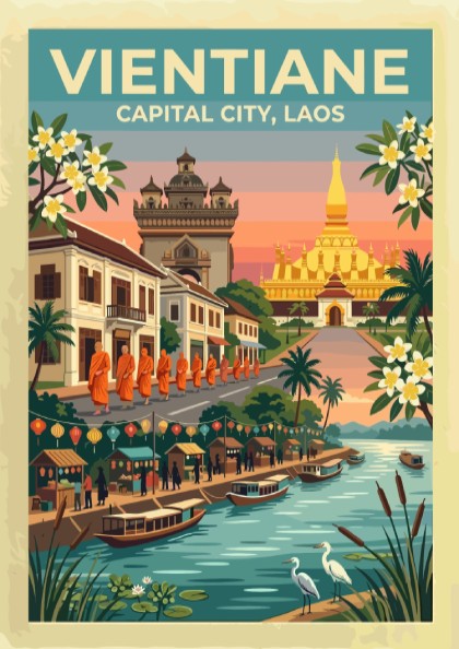 Travel poster of Vientiane Laos featuring golden stupas monks and boats at sunset