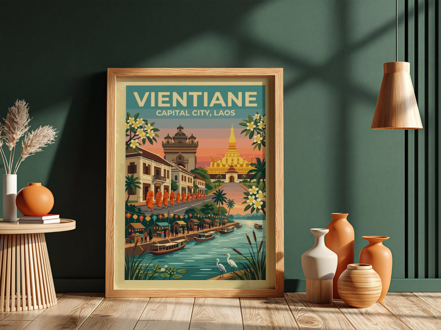 Travel poster of Vientiane Laos featuring golden stupas monks and boats at sunset