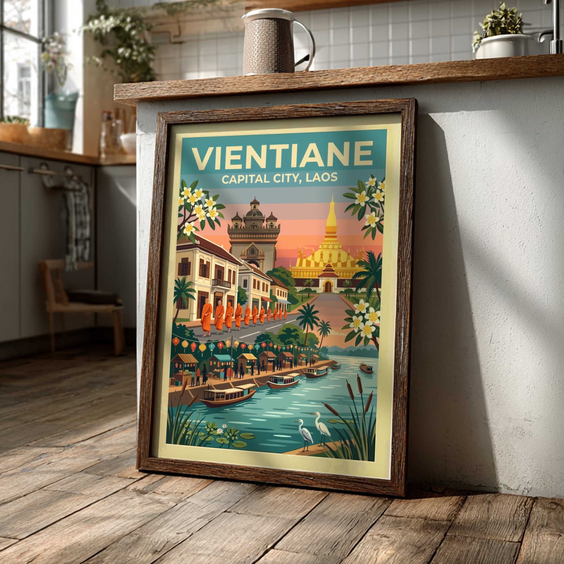 Travel poster of Vientiane Laos featuring golden stupas monks and boats at sunset