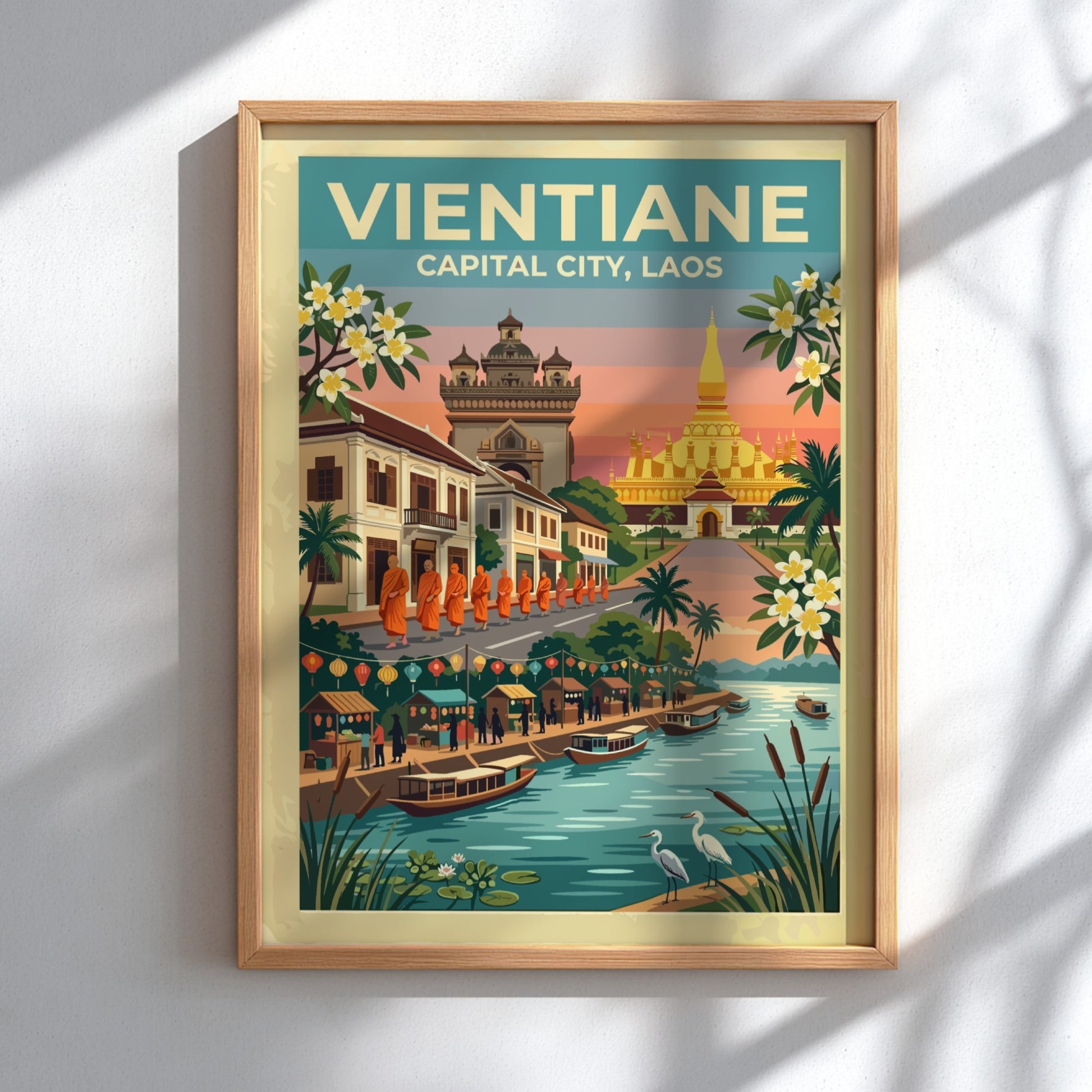 Travel poster of Vientiane Laos featuring golden stupas monks and boats at sunset