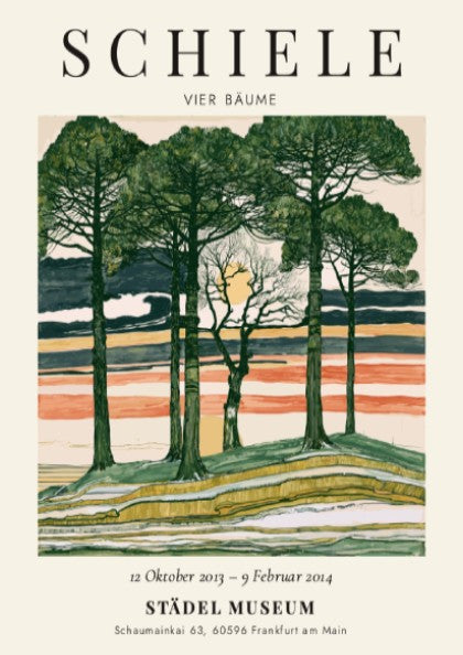 Egon Schiele exhibition poster featuring Vier Bäume with trees and a colorful sky