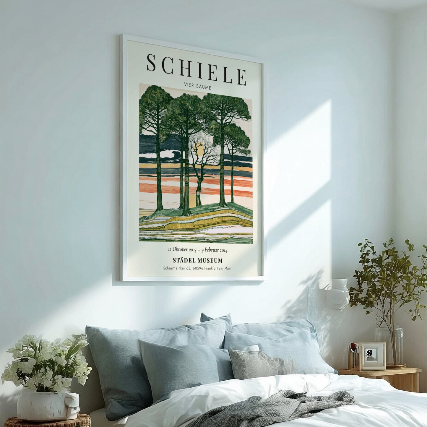 Egon Schiele exhibition poster featuring Vier Bäume with trees and a colorful sky