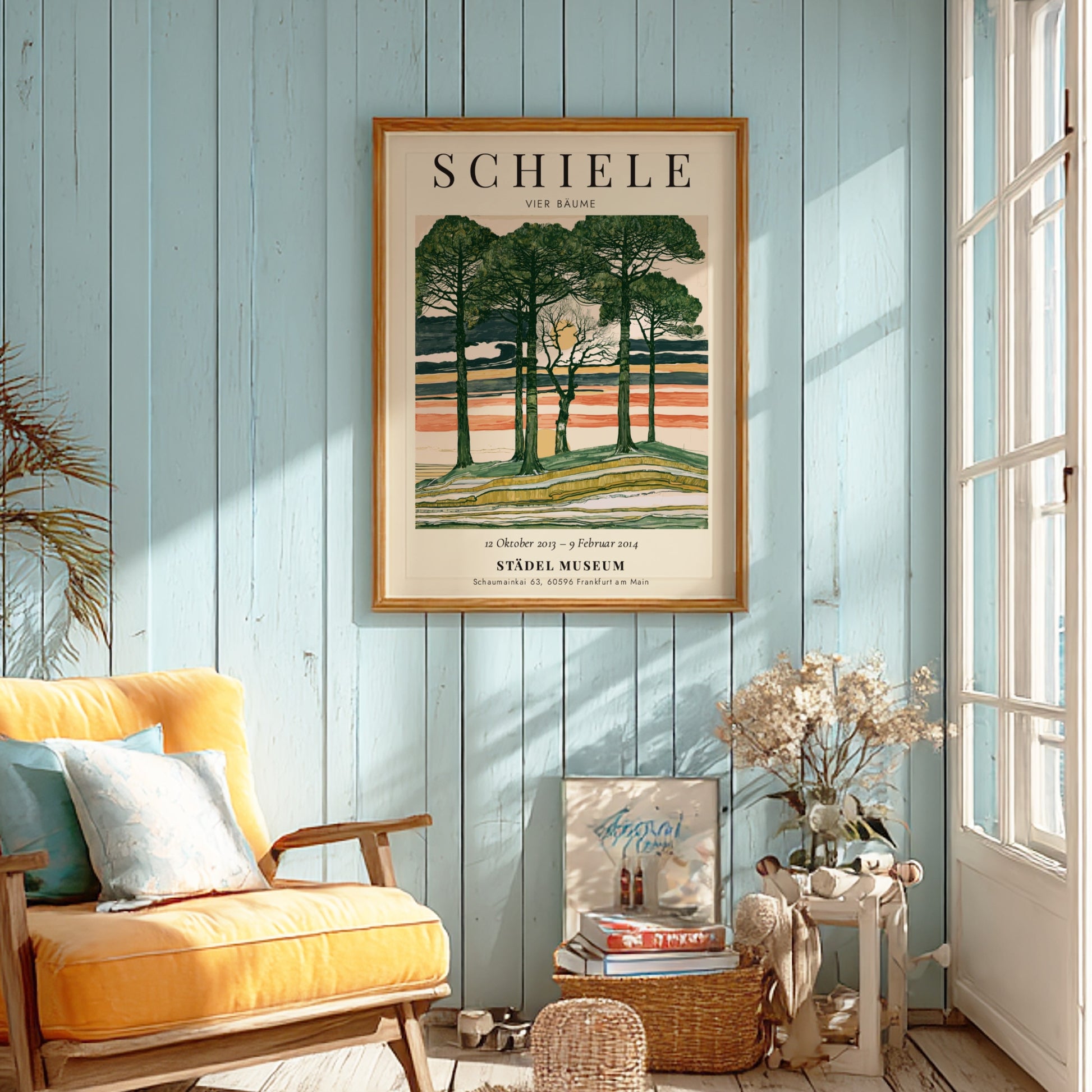Egon Schiele exhibition poster featuring Vier Bäume with trees and a colorful sky