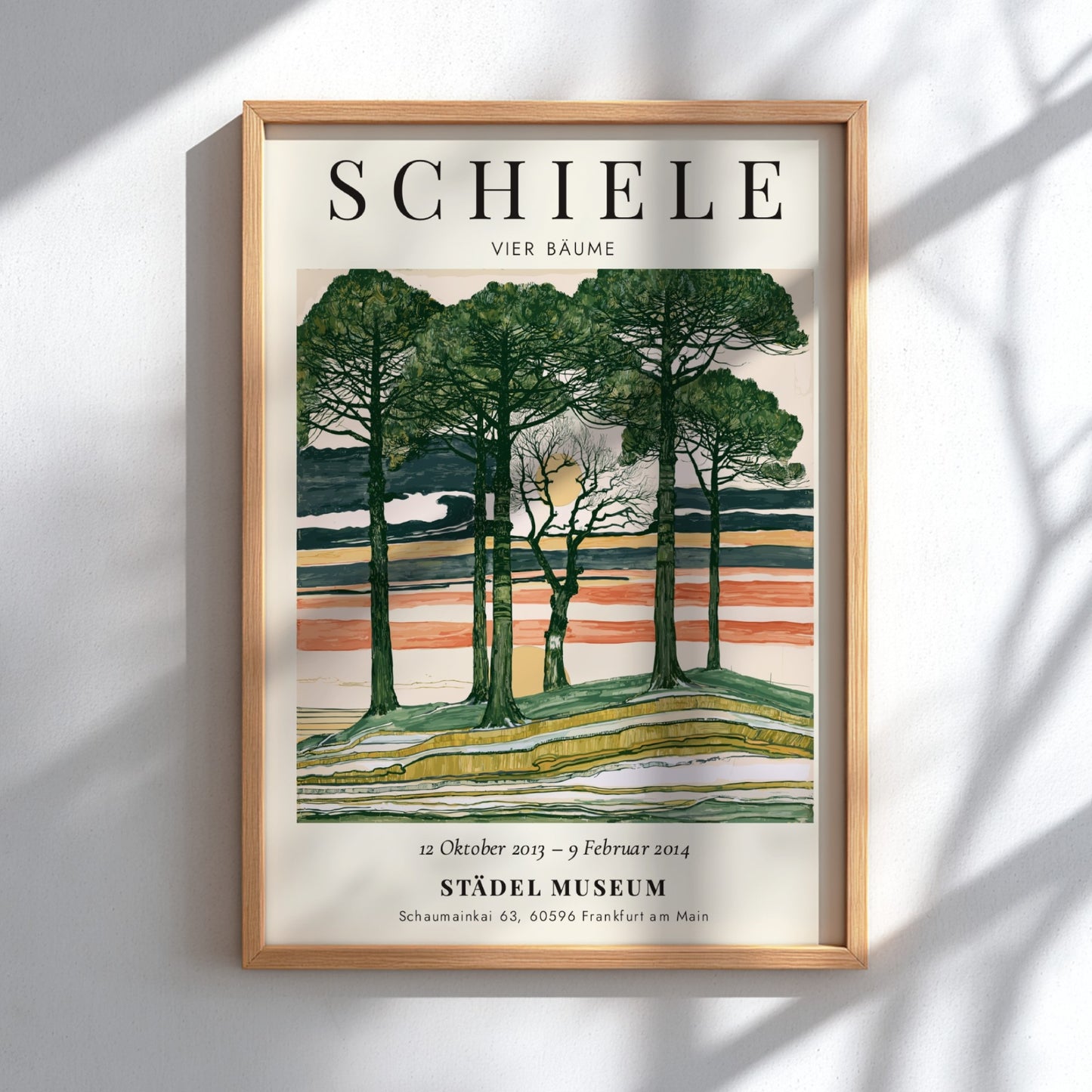 Egon Schiele exhibition poster featuring Vier Bäume with trees and a colorful sky