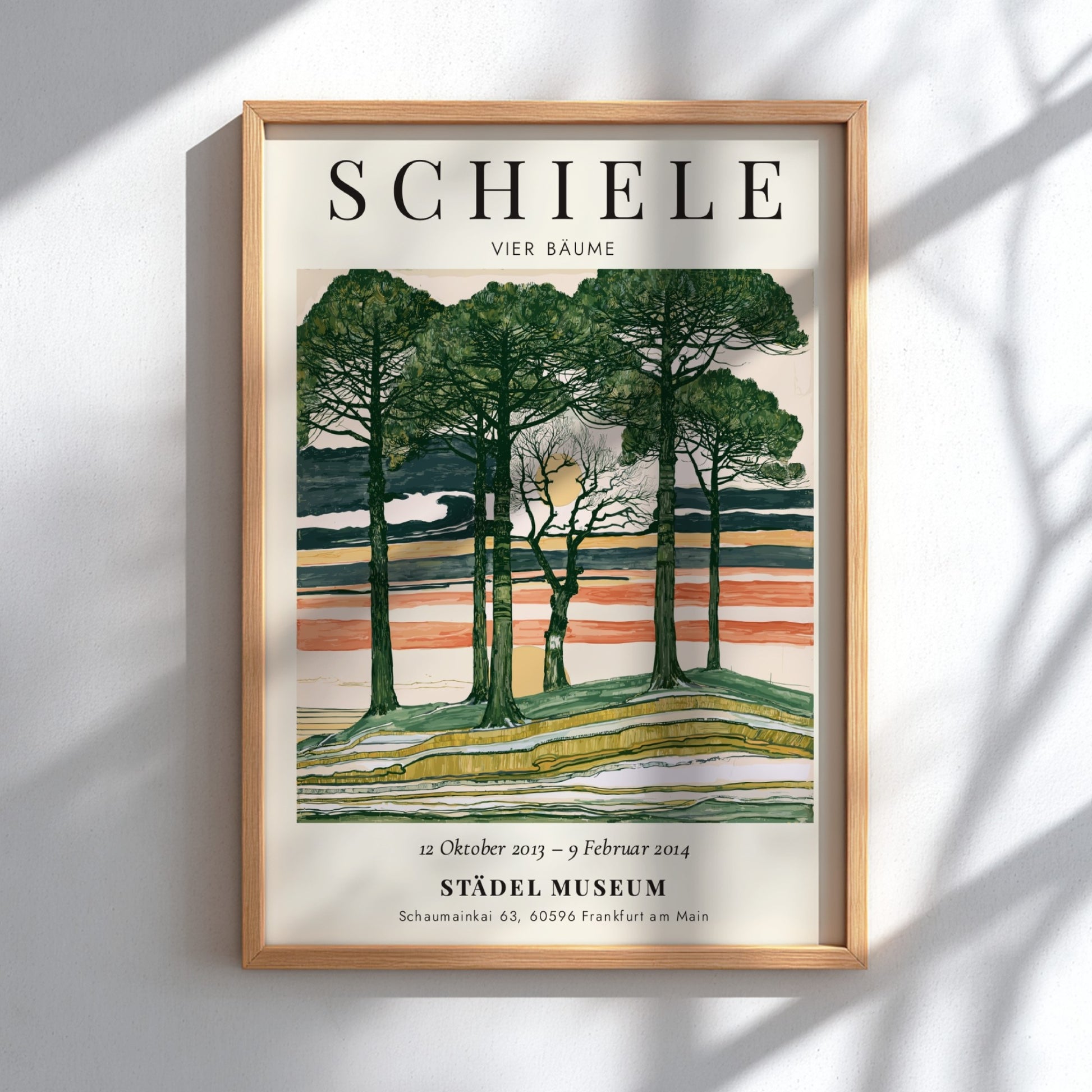 Egon Schiele exhibition poster featuring Vier Bäume with trees and a colorful sky