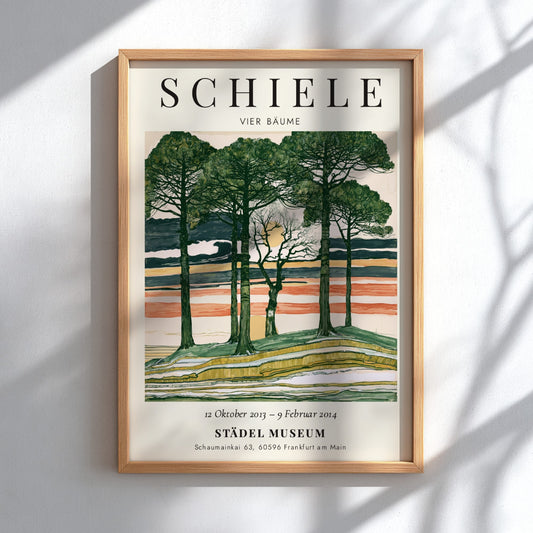 Egon Schiele exhibition poster featuring Vier Bäume with trees and a colorful sky