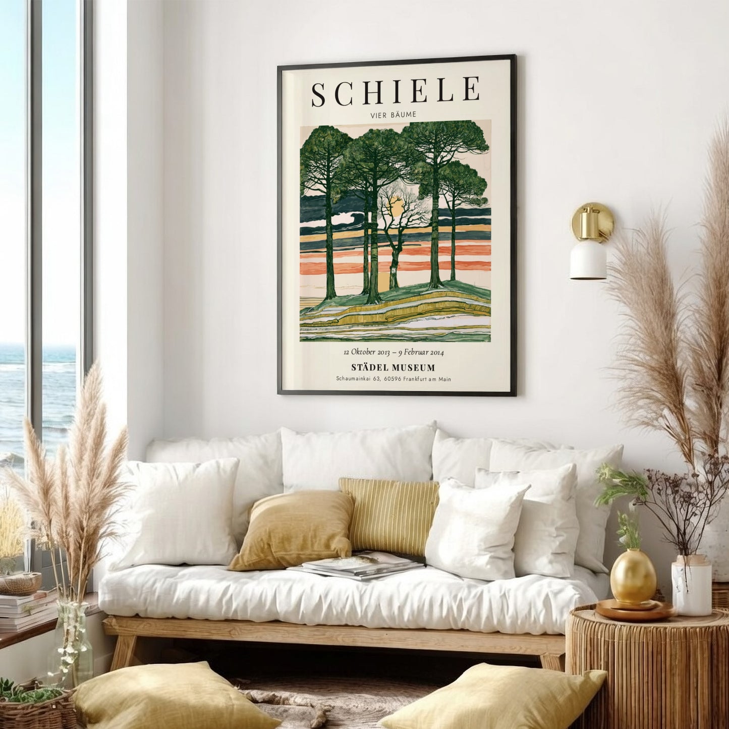 Egon Schiele exhibition poster featuring Vier Bäume with trees and a colorful sky