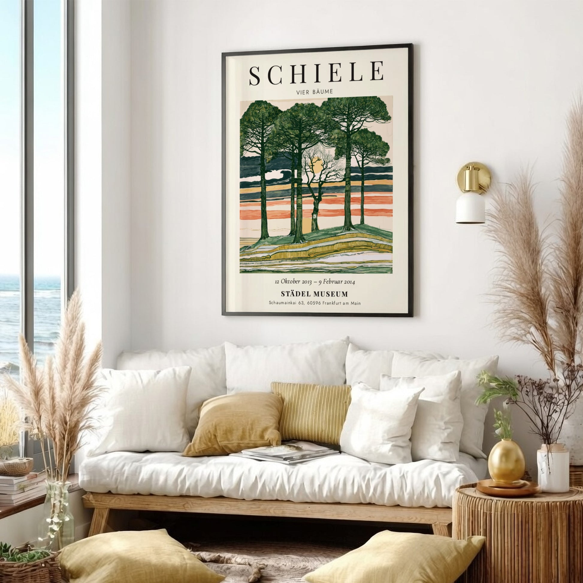 Egon Schiele exhibition poster featuring Vier Bäume with trees and a colorful sky