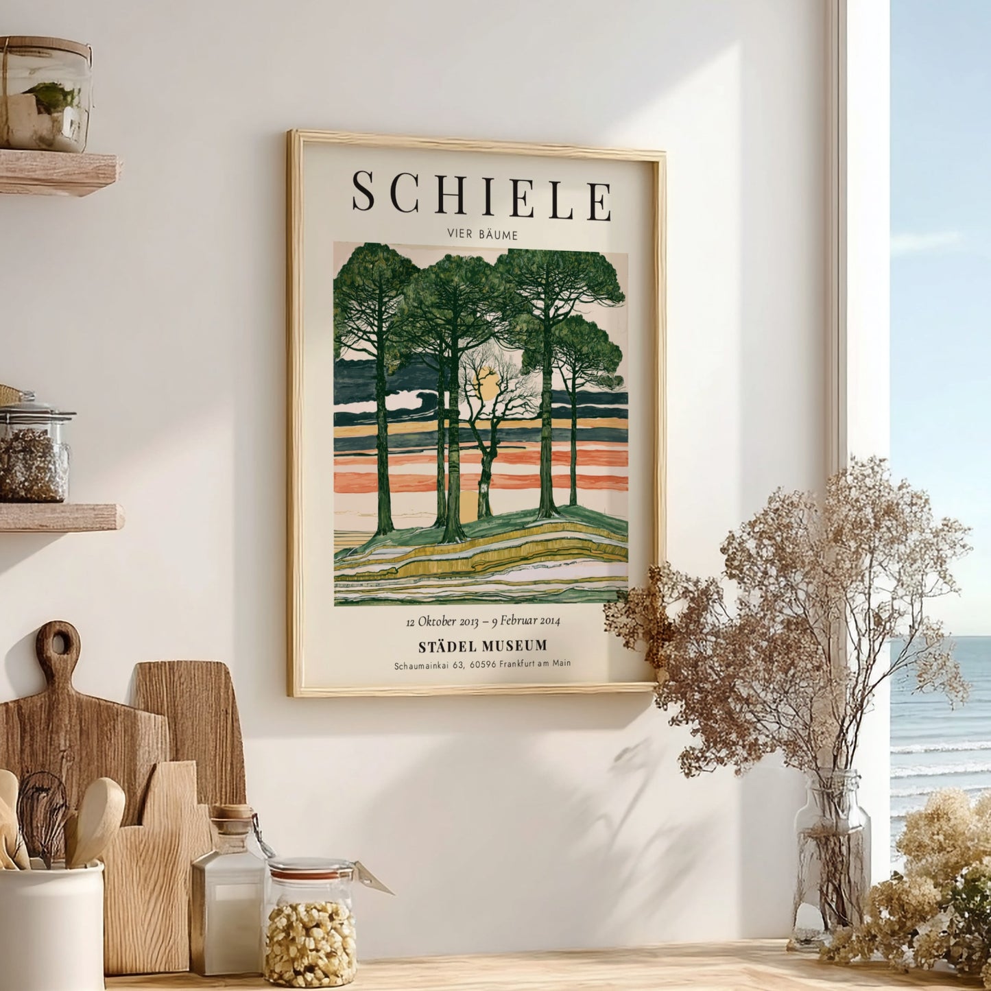 Egon Schiele exhibition poster featuring Vier Bäume with trees and a colorful sky
