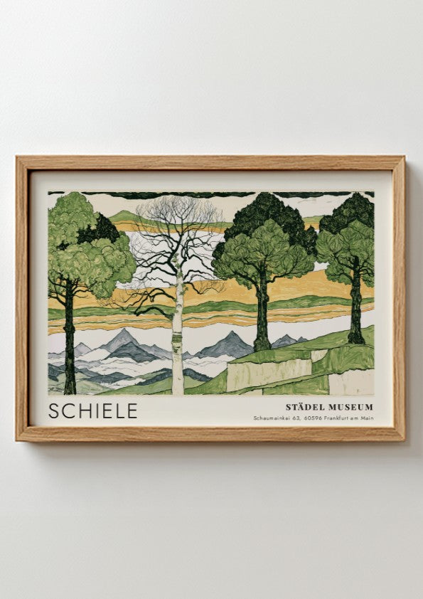 Wall art poster of Egon Schiele Vier Bäume landscape print in wood frame