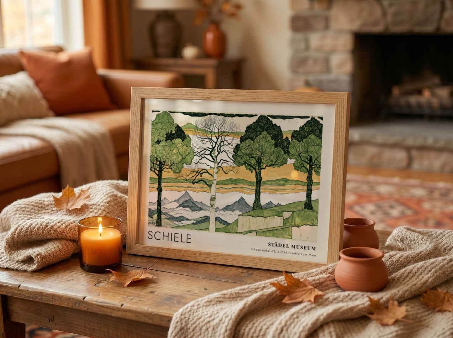 Wall art poster of Egon Schiele Vier Bäume landscape print in wood frame