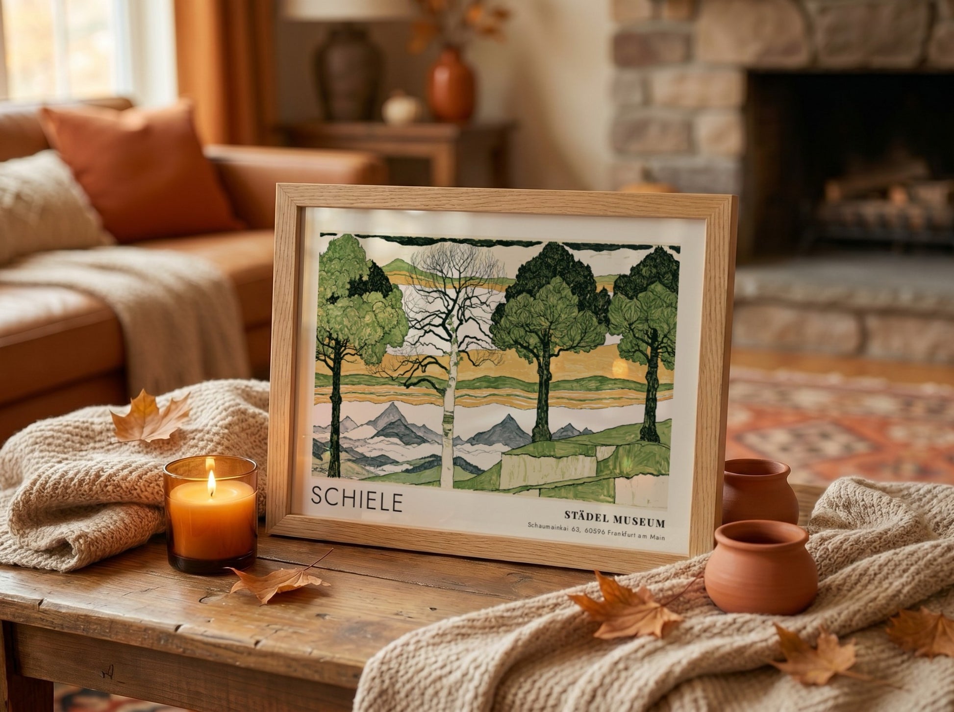 Wall art poster of Egon Schiele Vier Bäume landscape print in wood frame