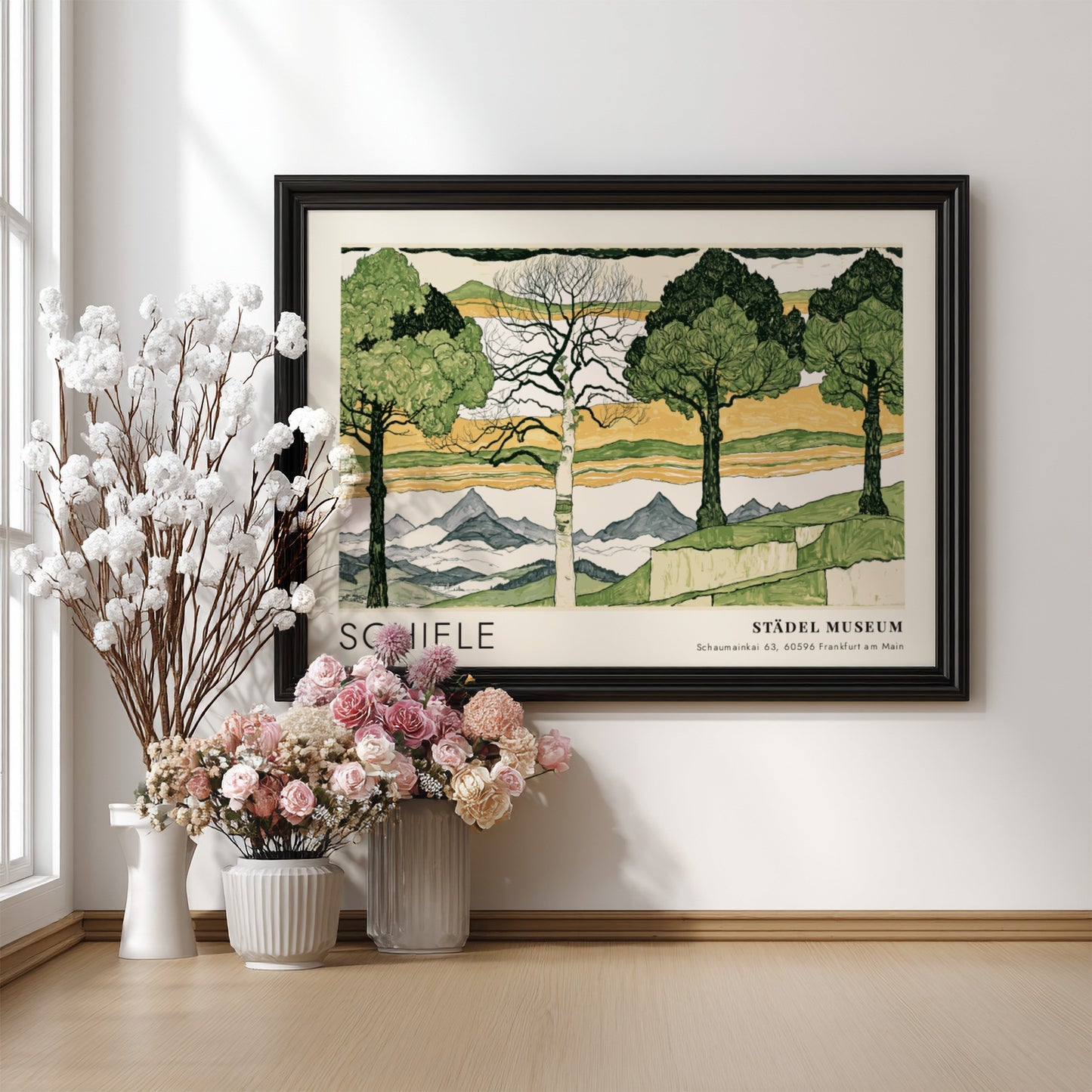 Wall art poster of Egon Schiele Vier Bäume landscape print in wood frame