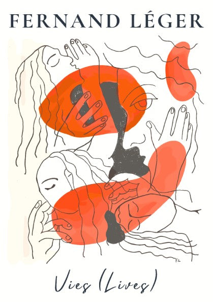 Poster of Fernand Léger's abstract drawing 'Vies (Lives)' with orange shapes and line art.