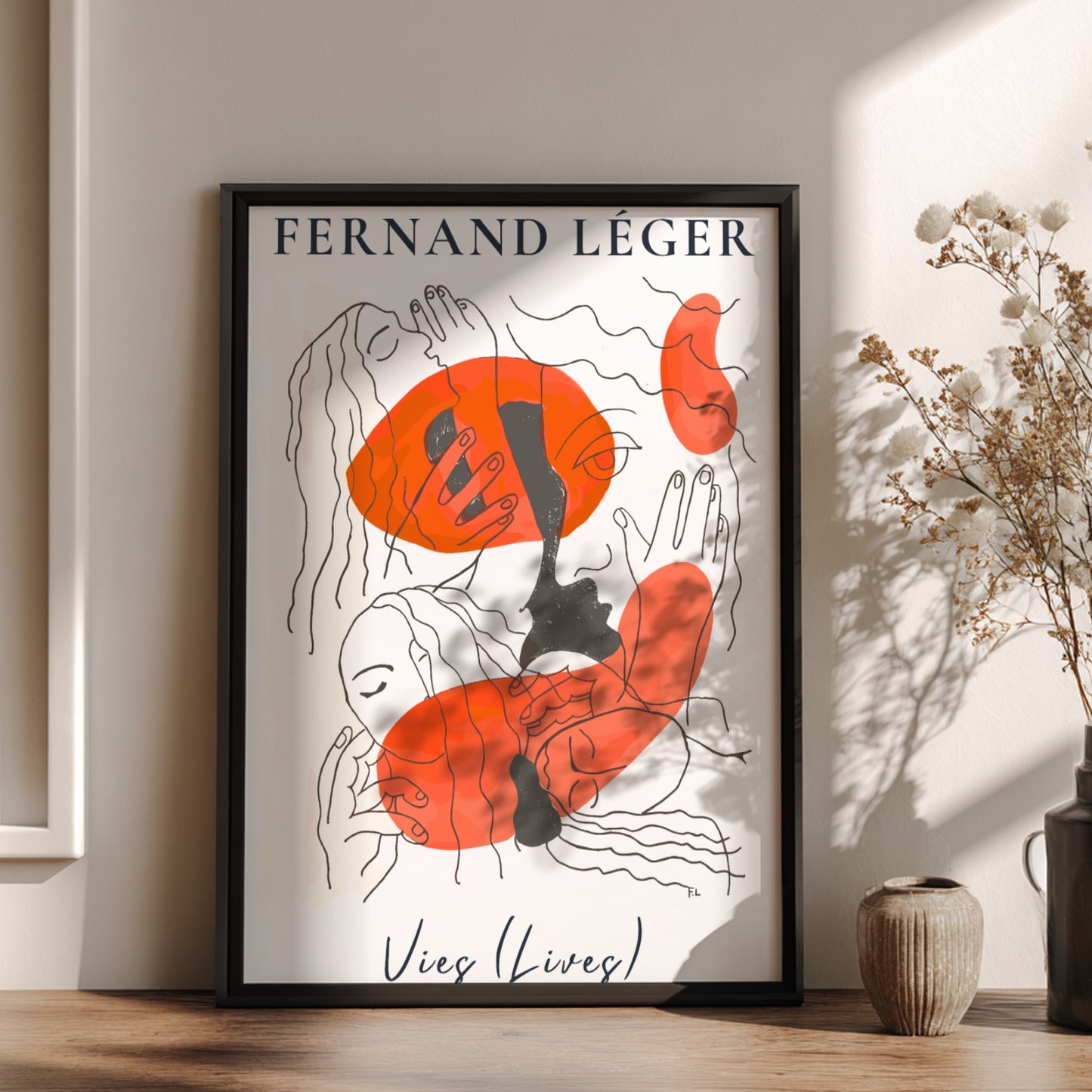 Poster of Fernand Léger's abstract drawing 'Vies (Lives)' with orange shapes and line art.