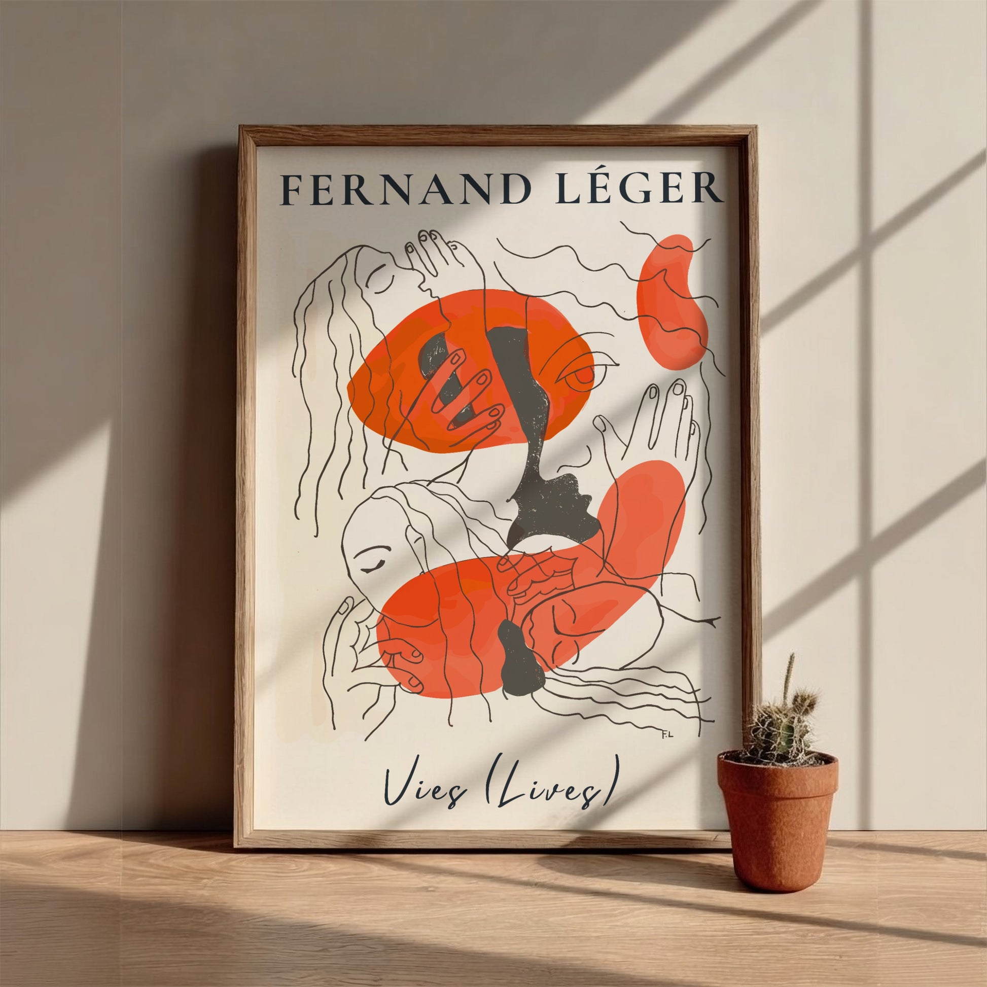 Poster of Fernand Léger's abstract drawing 'Vies (Lives)' with orange shapes and line art.