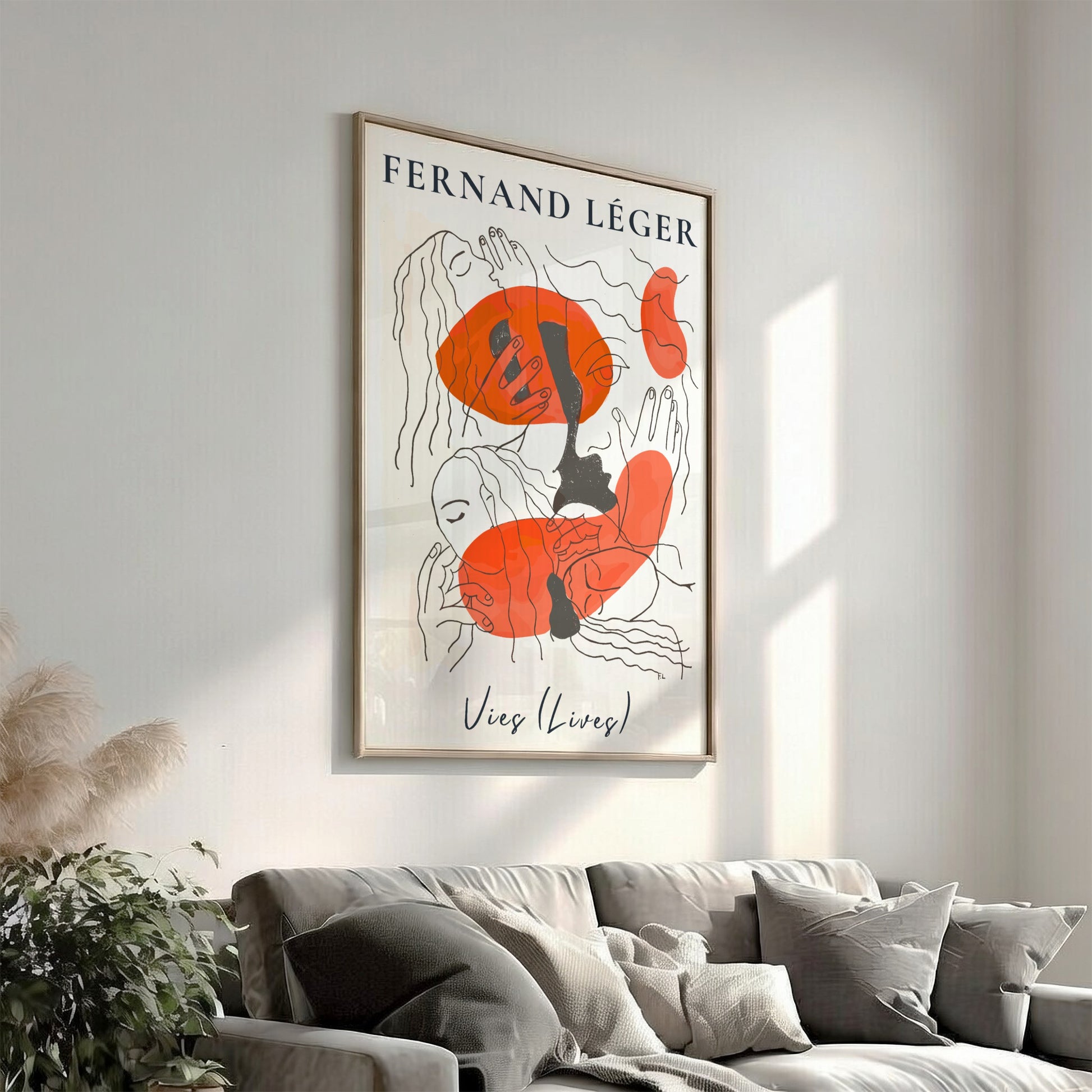 Poster of Fernand Léger's abstract drawing 'Vies (Lives)' with orange shapes and line art.