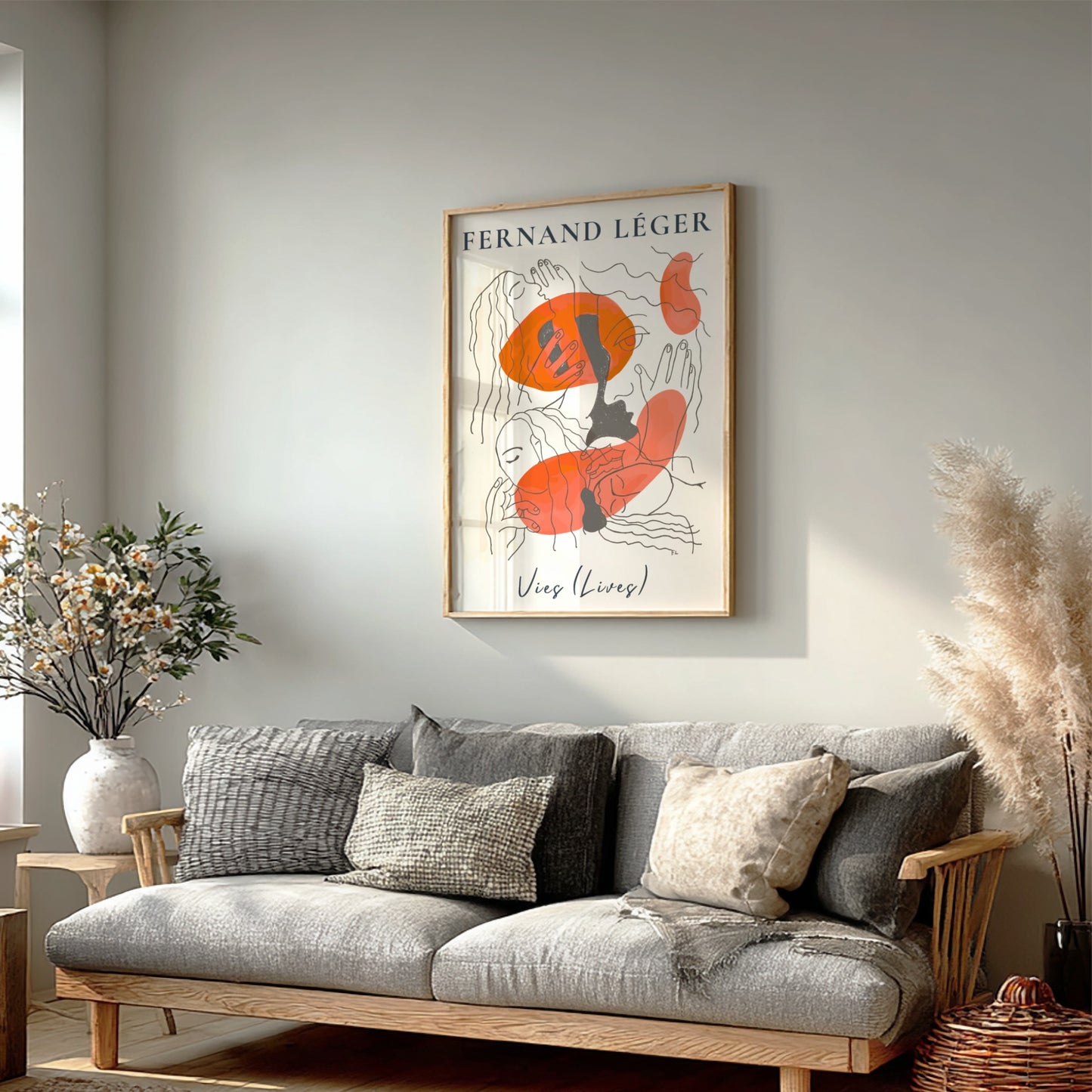 Poster of Fernand Léger's abstract drawing 'Vies (Lives)' with orange shapes and line art.