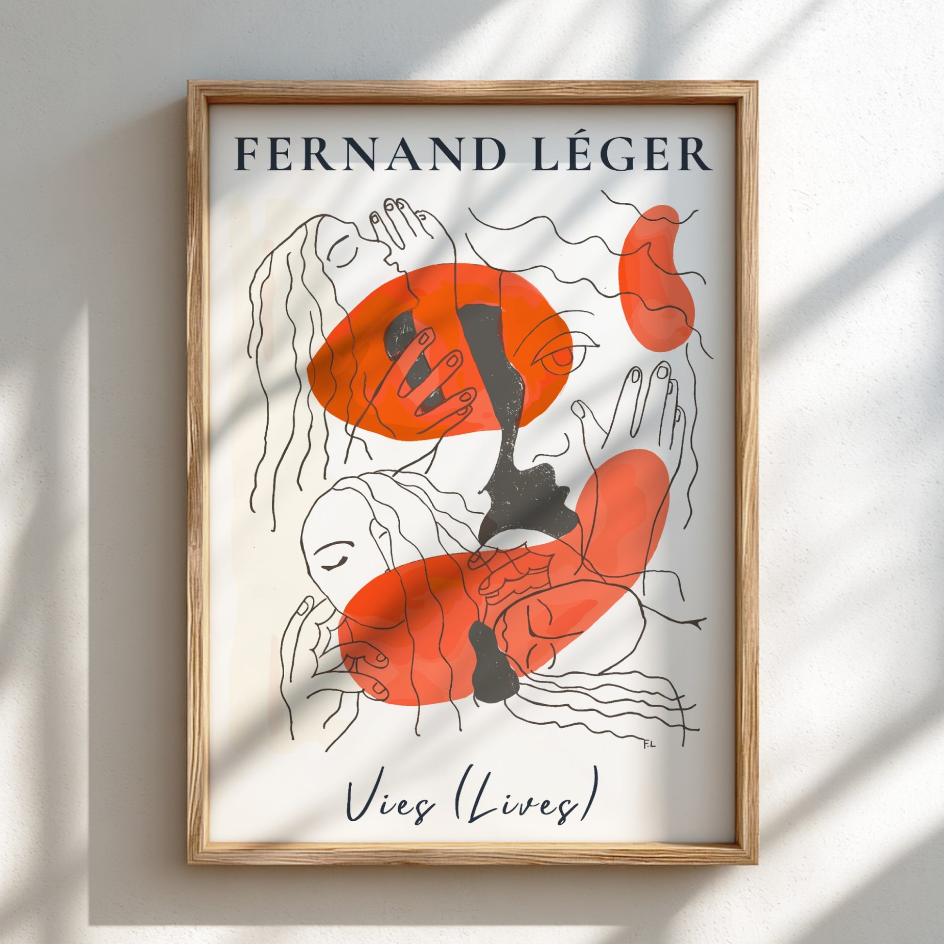Poster of Fernand Léger's abstract drawing 'Vies (Lives)' with orange shapes and line art.