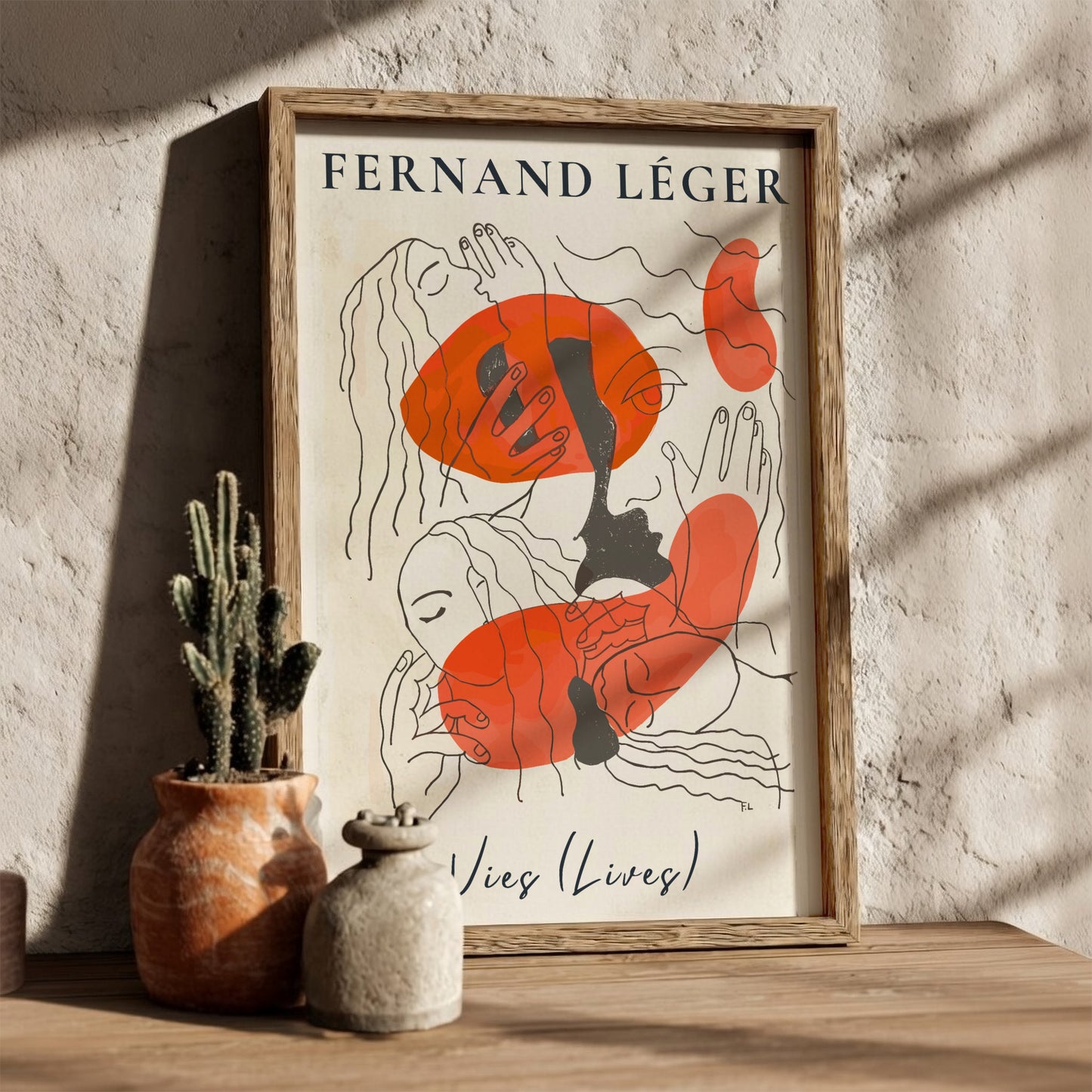 Poster of Fernand Léger's abstract drawing 'Vies (Lives)' with orange shapes and line art.