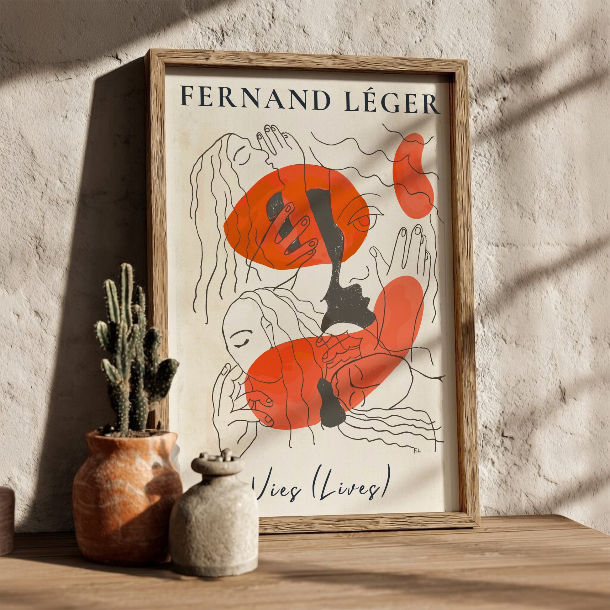 Poster of Fernand Léger's abstract drawing 'Vies (Lives)' with orange shapes and line art.
