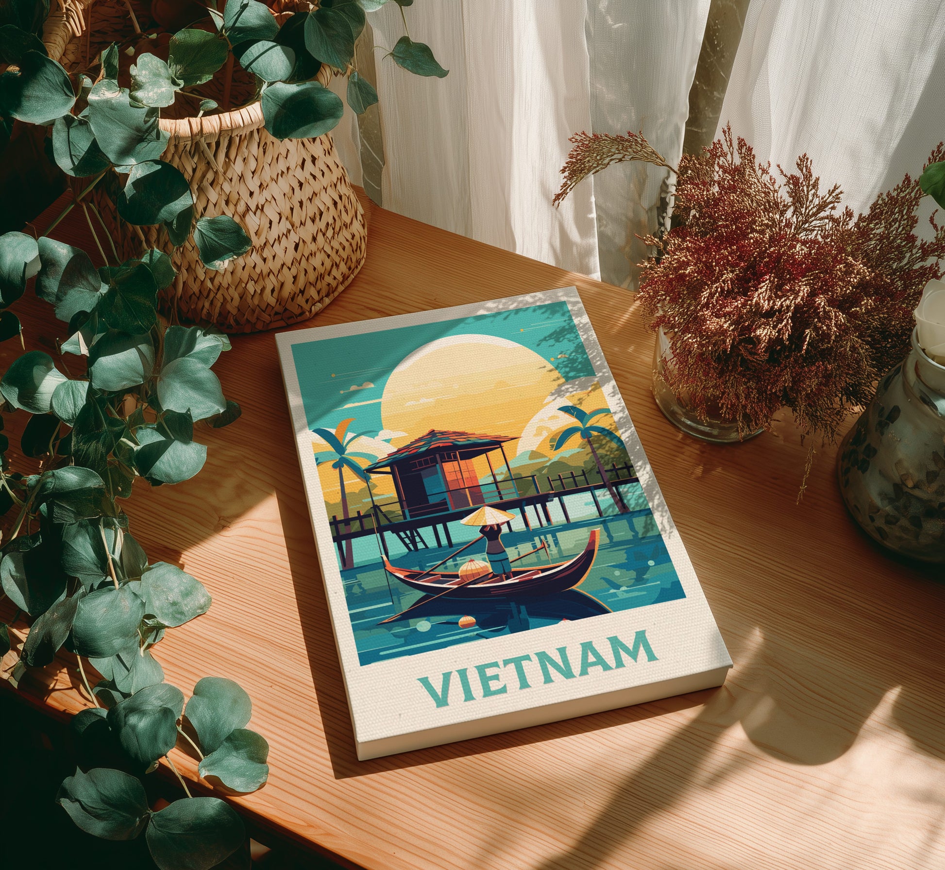 Canvas 'Vietnam' on a wooden table with plants around