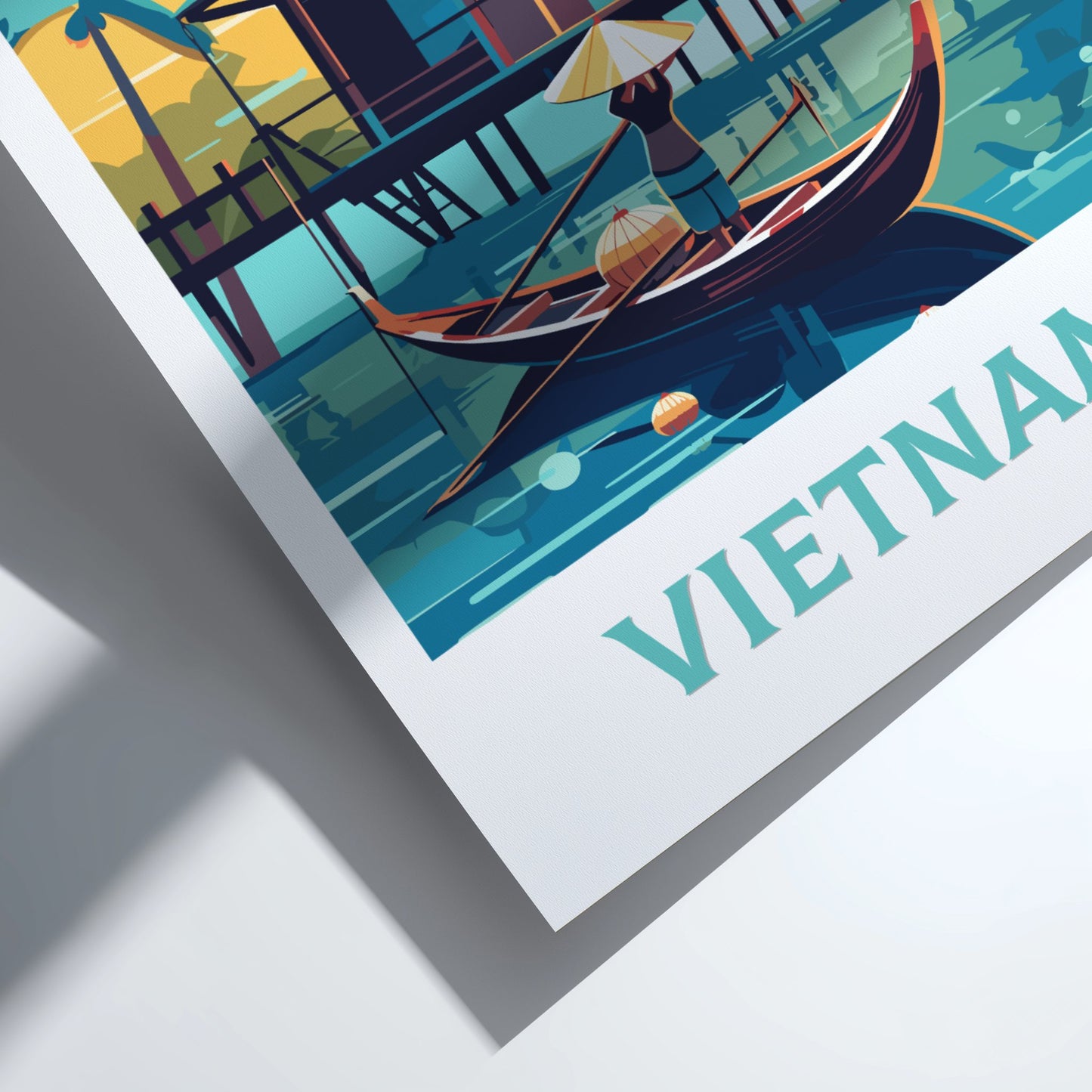 Illustration of a Vietnamese scene with a boat and 'Vietnam' text on a white background