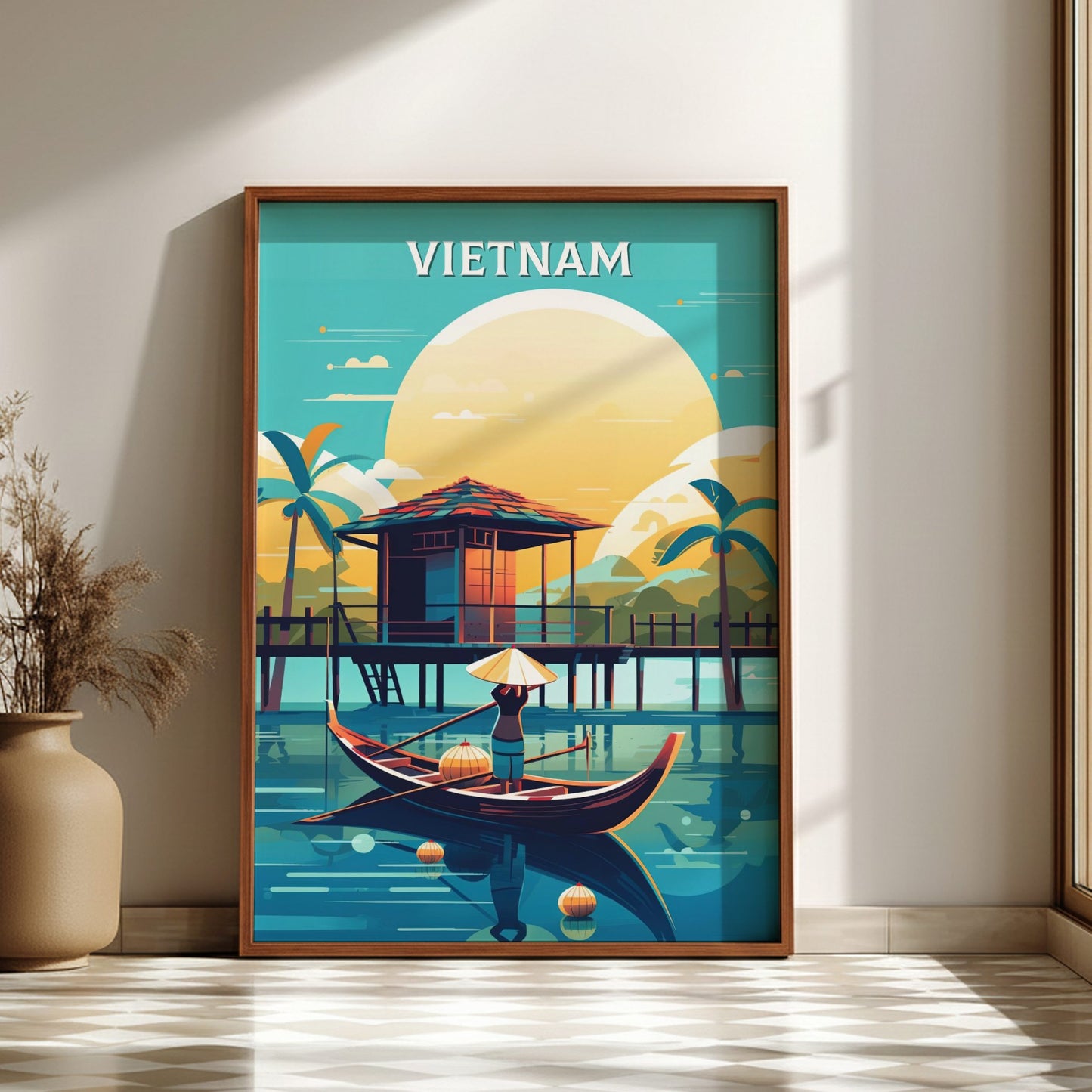 Framed artwork of Vietnam with a boat and hut on a lake, displayed on a wall.