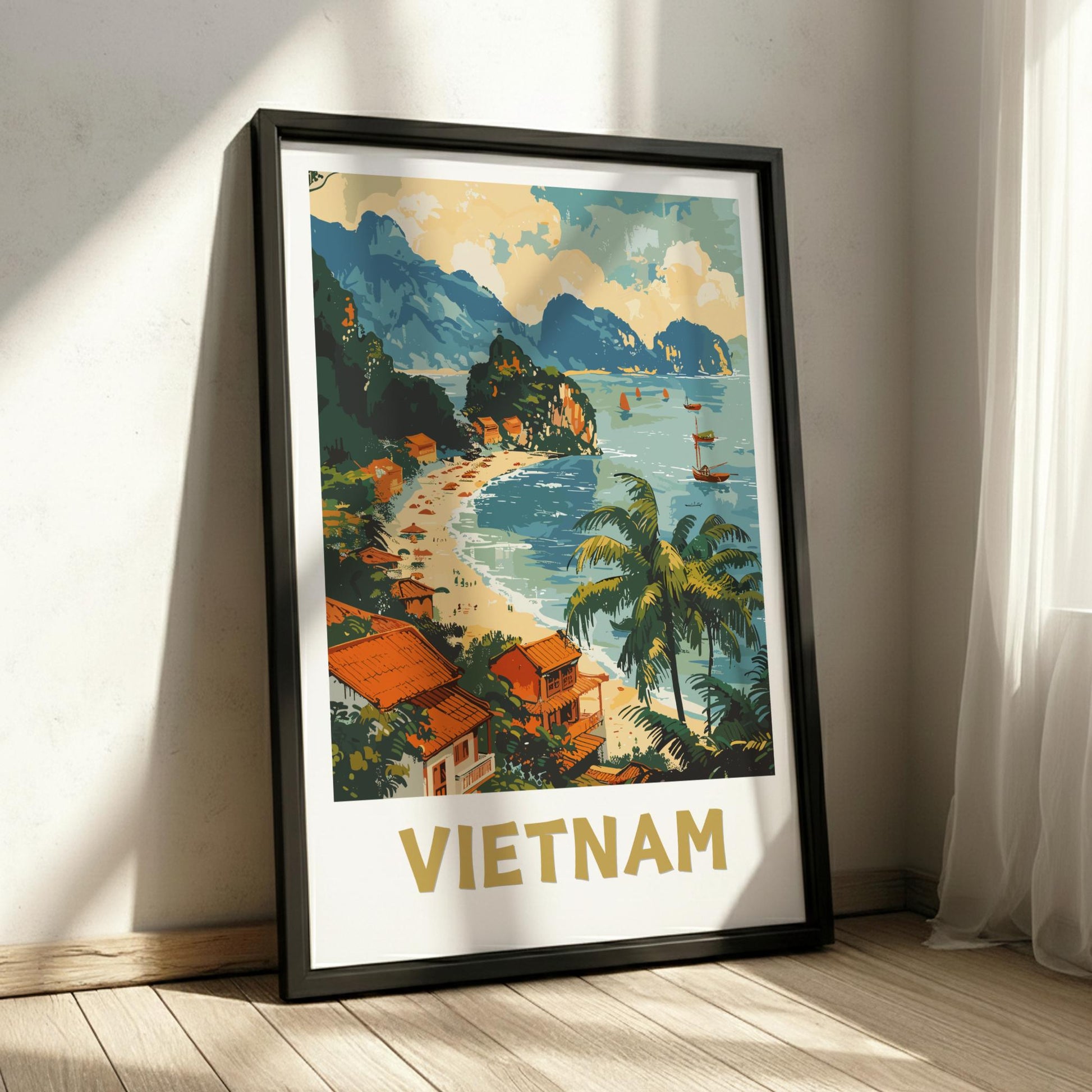 Framed artwork of a scenic Vietnamese beach with mountains and palm trees, titled 'Vietnam'.
