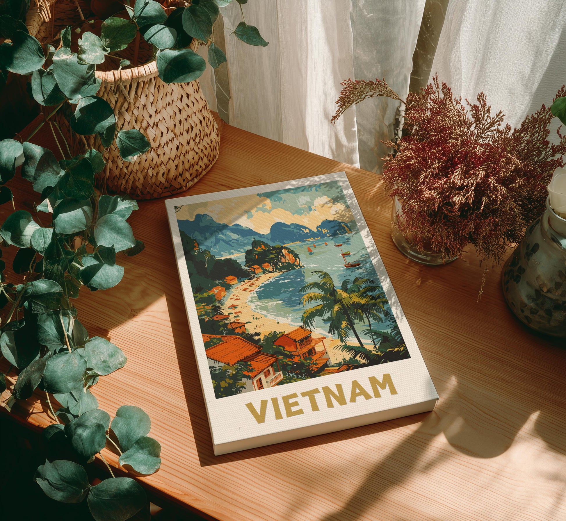 Canvas 'Vietnam' on a wooden table with plants around