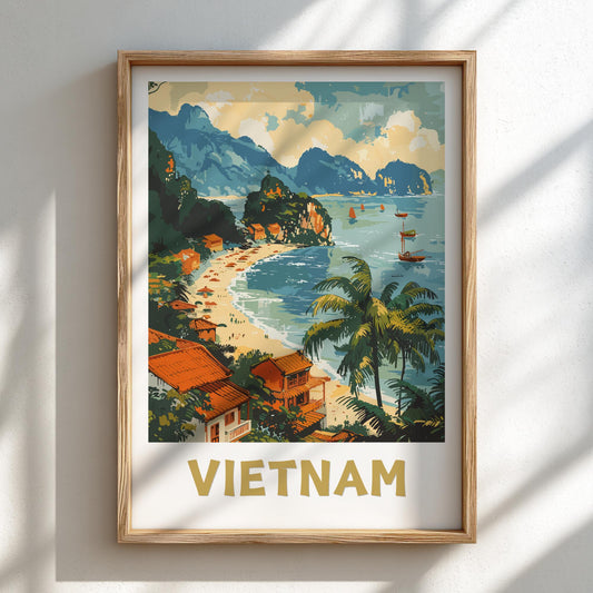 Framed artwork of Vietnam with a beach and mountains on a wall.