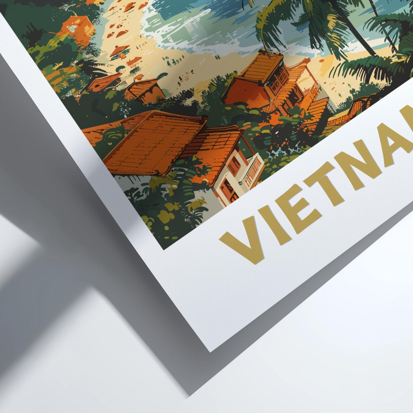 Vintage-style poster of a tropical scene with 'Vietnam' text