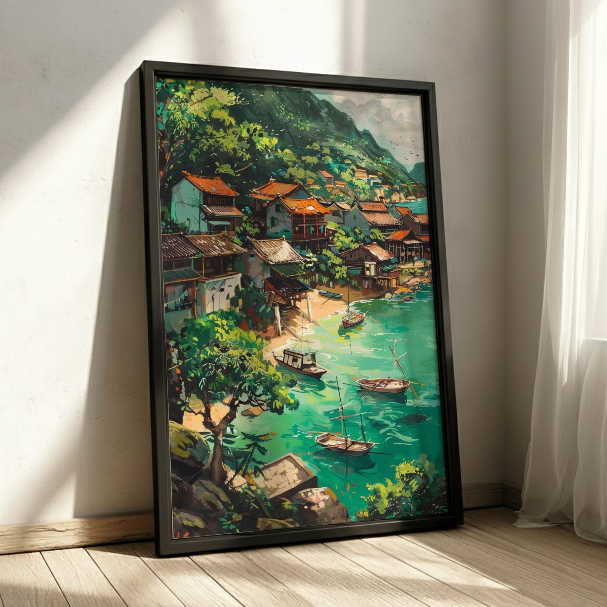 Framed painting of a scenic village by a lake on a wall.