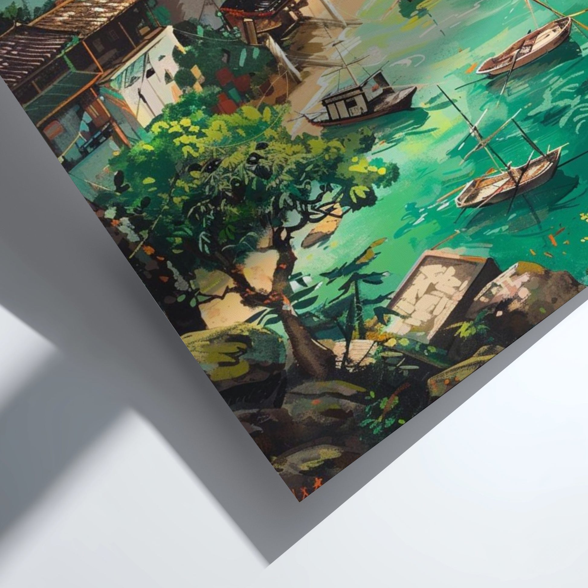 Artistic depiction of a waterfront scene with boats and trees on a textured surface.