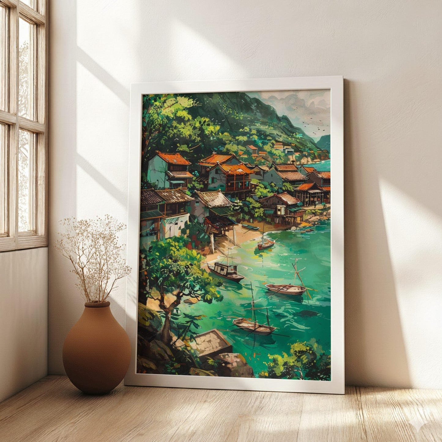 Framed artwork of a scenic village by a lake in a room with natural light.